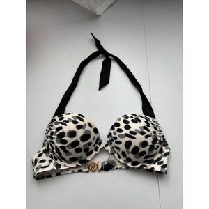 Victorias Secret Y2K Leopard Print Halter Push Up Bikini Top 36B Gold VS Logo